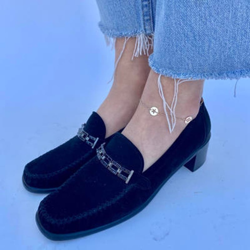 Stuart Weitzman Women's Suede leather Preppy Block heel Loafers Size 7.5 Black